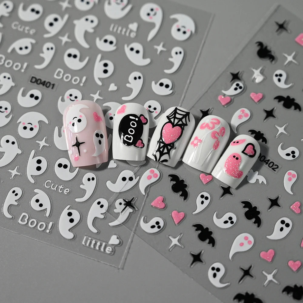 Pegatinas de cristal brillante para uñas de Halloween, calcomanías adhesivas 3D de araña rosa/blanca, Calavera, murciélago, 1 piezas