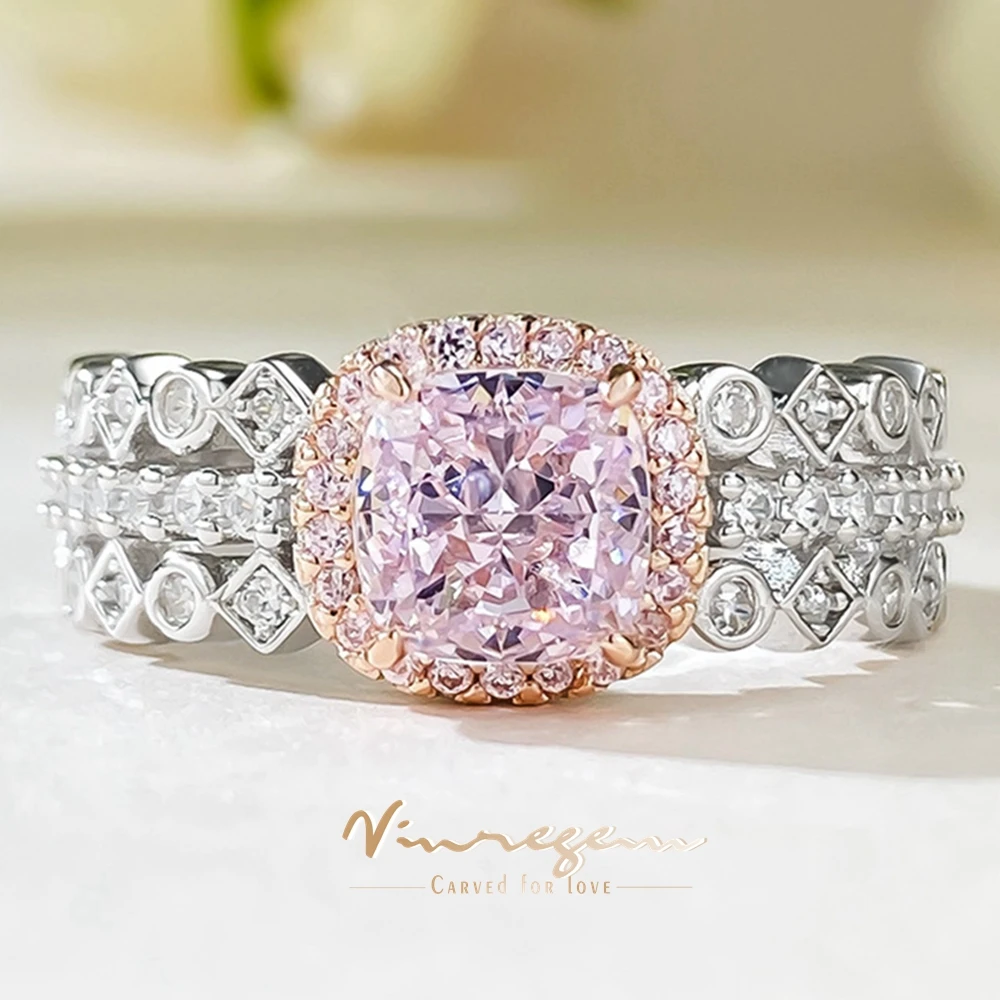 

Vinregem 6*6 MM Radiant Cut Lab Created Pink Sapphire High Carbon Diamond Gems Romantic 925 Sterling Silver Rings Jewelry Gifts