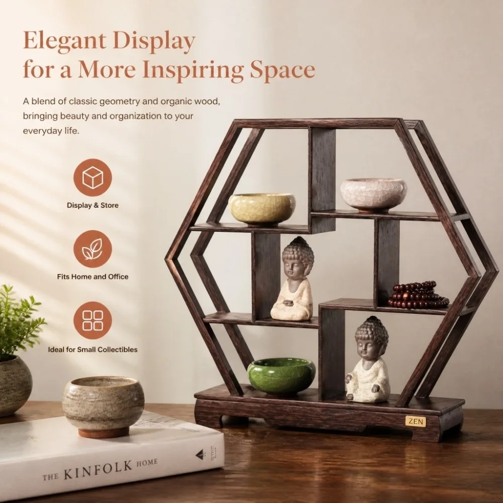 Chinese Hexagonal Display Rack Rosewood Carving Crafts Curio Cabinets 12 Inch Diameter Flower Pot Rack Desk
