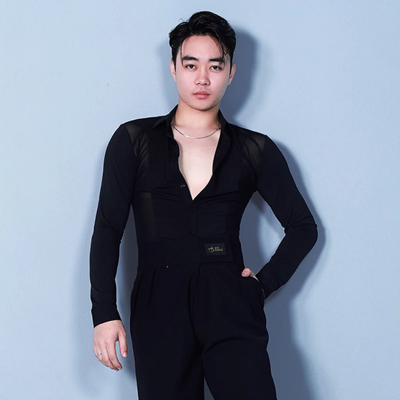 Mannelijke Danskleding Latin Dans Shirt Voor Mannen Zwarte Tango Top Lijn Dans Lange Mouwen Tops Wit Samba Competitie Kostuum