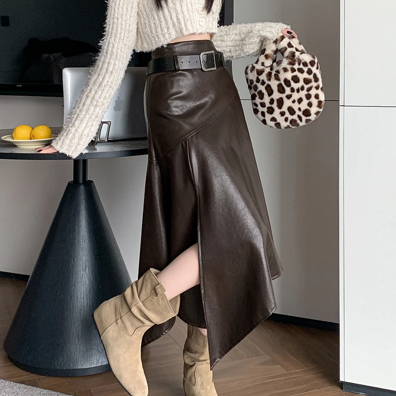 

Autumn Winter Side Zipper Faux Leather Midi Skirt Korean Fashion High Waist Women Split Skirt Elegant Irregular Skirt