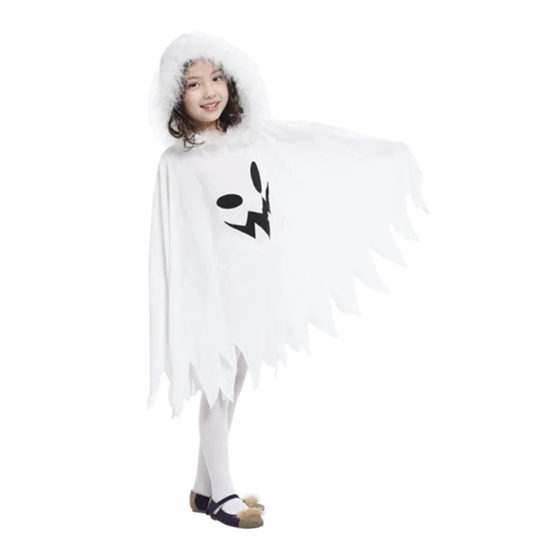 Meisjes Halloween Witte Cape Met Capuchon Grappige Spookprint Cape Halloween Cosplay Kostuum Mantel Feest Cosplay Mantel