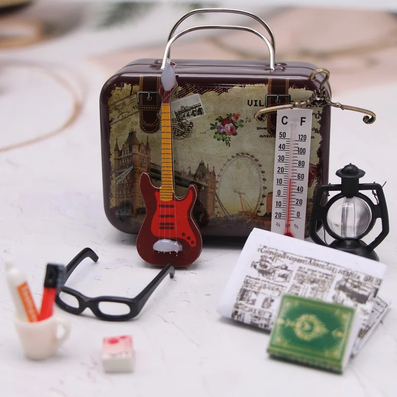 Doll House Vintage Travel Kit, Mini Tinplate Box BJD Life toiletries Books Thermometer Guitar