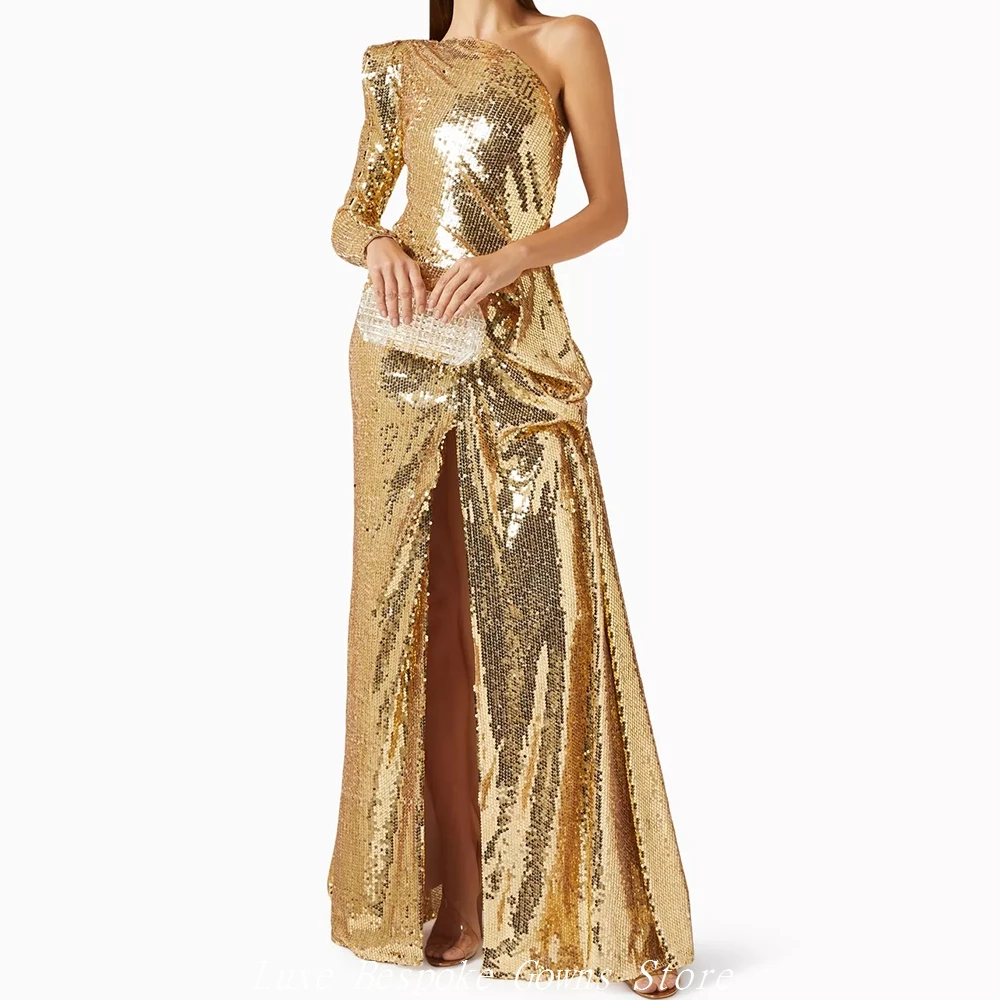 

Women's A-line Evening Dresses Floor-length One-shoulder Full Sleeve Prom Dresses Fashion Sequined Simple Draped Customized Gown