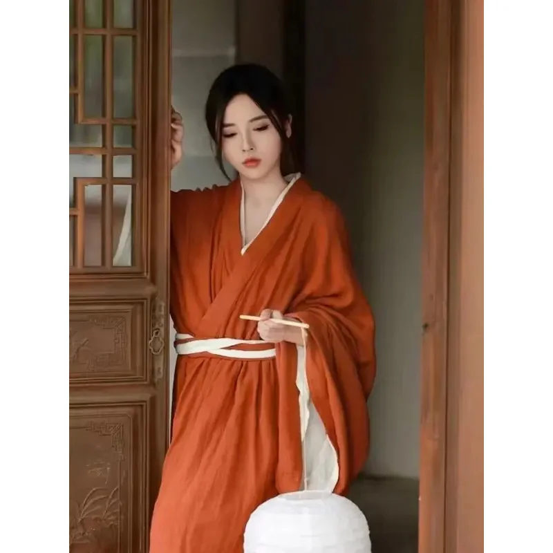 Vestido Hanfu de algodón y lino para mujer, traje tradicional chino de 2 uds, disfraz de Hanfu para Halloween, ropa para el hogar de otoño, bata roja de talla grande