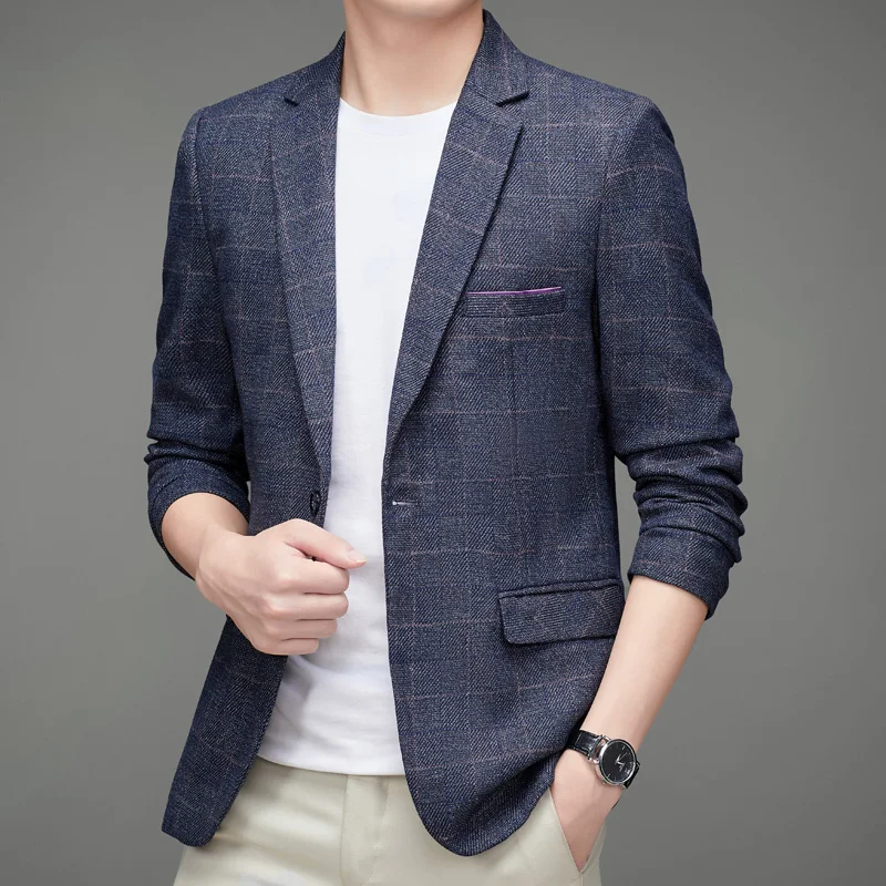 

Men's formal suit jacket with a flat collar and solid-colored check pattern, a stylish and fitted business-style suit top.