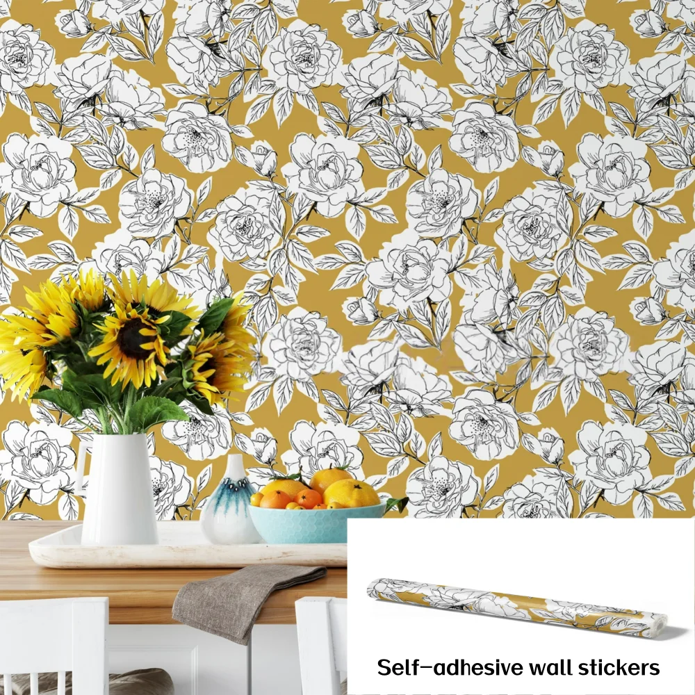 Yellow/grey  Peony Floral Bohemian Style Pvc Wallpaper Suitable For Home Decoration Background Wall Room Decoration Stickers