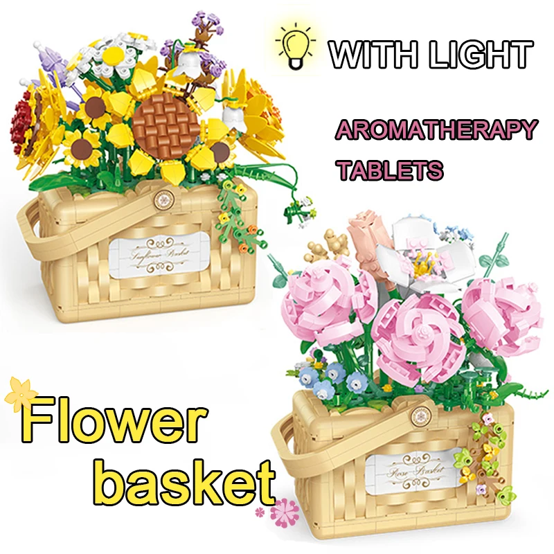 

1295PCS Sunflower Pink Rose Flower Basket Plant Bonsai Building Block LED Fragrance Model Micro Assemble Brick Toy Gift for Girl