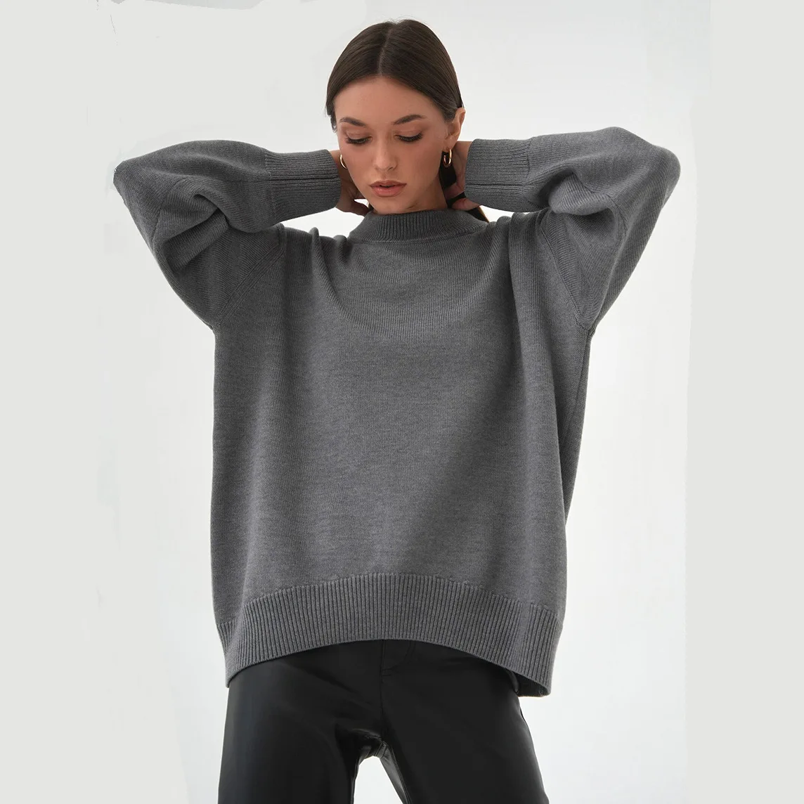 Women Solid Round Neck Knitted Sweater Fall Winter Fashion Casual Pullover Tops