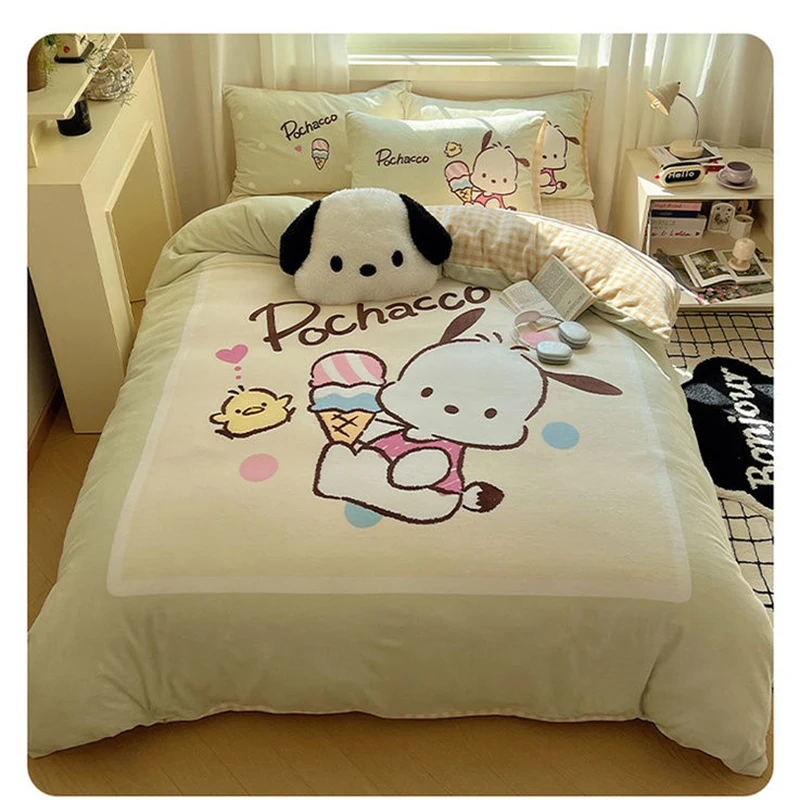 

Hello Kitty Pochacco Milk Velvet Quilt Cover Beding Set Anime Cartoon Sanrio Bed Sheets Quilt Cover Pillowslip Dormitory 3Pcs