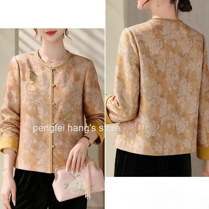 Women Chinese Style Patchwork Beaded Satin Jacquard Cheongsam Jacket Long Sleeve Vintage Button Blouse for Daily Casual Wear
