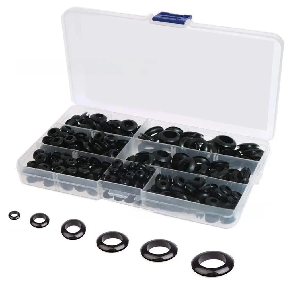 Black Rubber Grommet Kit 260pcs with 7 Common Sizes 0.8/0.55/0.51cm to 1.85/1.35/0.65cm for Wiring Protection Sealing