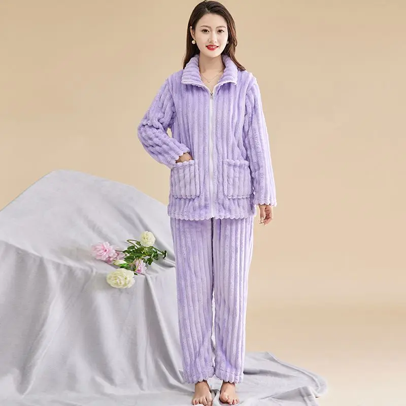 Lazy Wind Zipper  Thickening Warmth Can Be Worn Outside Pajama Women Flannel Fine Fleece Autumn Winter Coral Fleece Loungewear