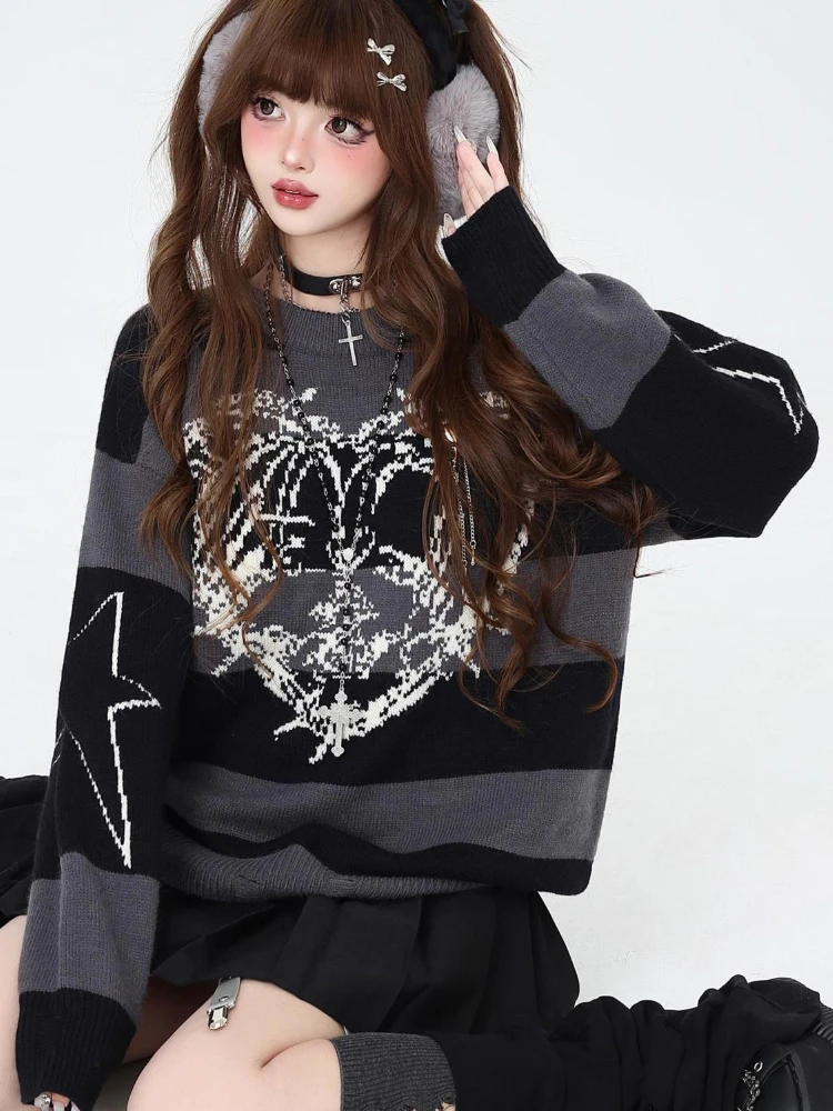 

QWEEK Skull Heart Love Print Striped Sweater Gothic Goth Hrajuku Vintage Y2k Coquette Star Pullovers Knitted Knit Top 2024