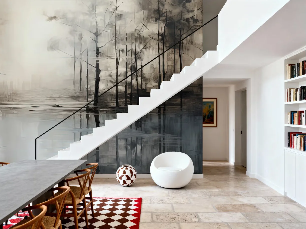 Custom sized murals, misty forests, blurred gray beige and white oil paintings, forest backgrounds, decorative wallpapers, mural