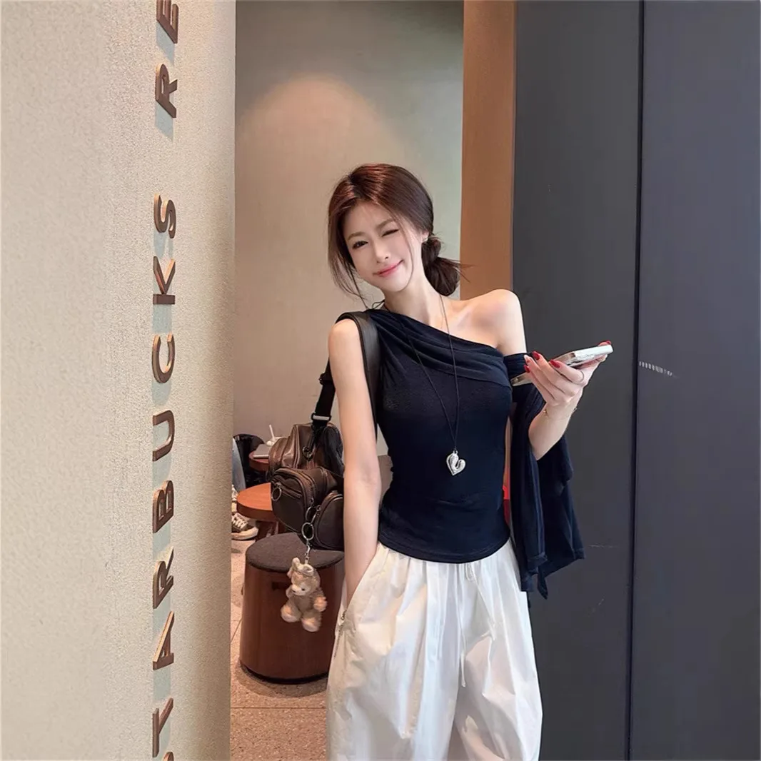 American Hot Girl Style Diagonal Shoulder One-Shoulder T-Shirt Women's Spring Summer Vintage Slimming Short Sleeve Top