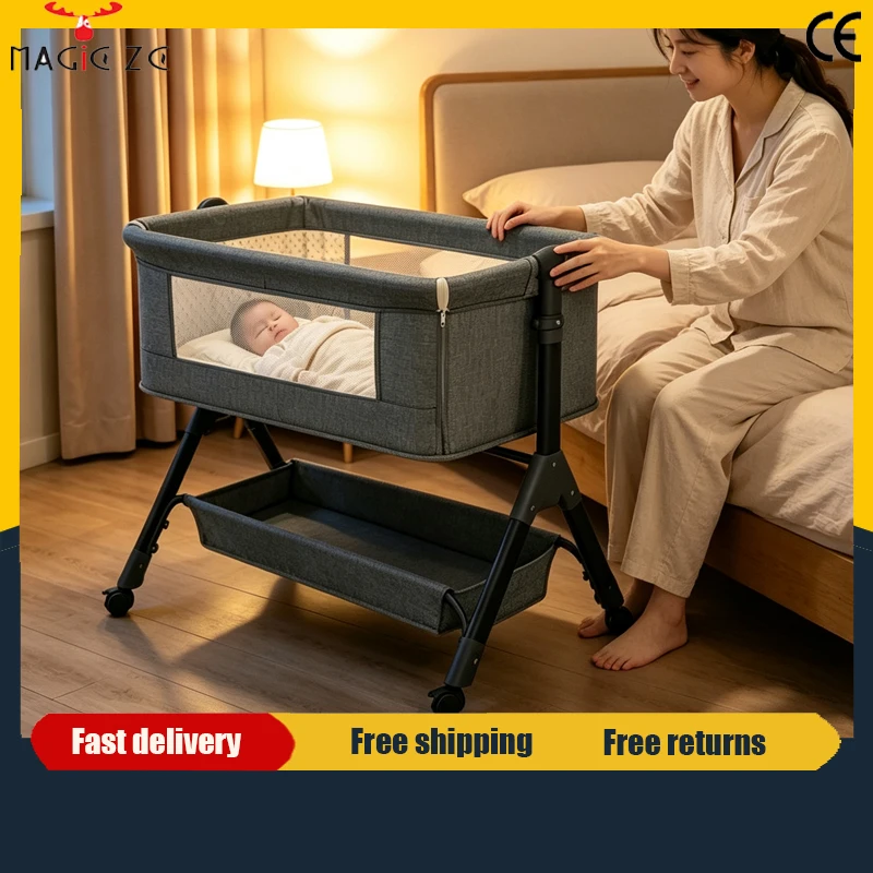 Baby Bed Baby Crib with Storage Basket Baby Rocking Crib for Soothing Sleep Baby Cradle Lightweight Portable Baby Rocking Bed Combined into A Large Bed with Mosquito Net and Wheels Newborn Essentials Baby Rocker Triangular Stand Stable Baby Rocking Crib
