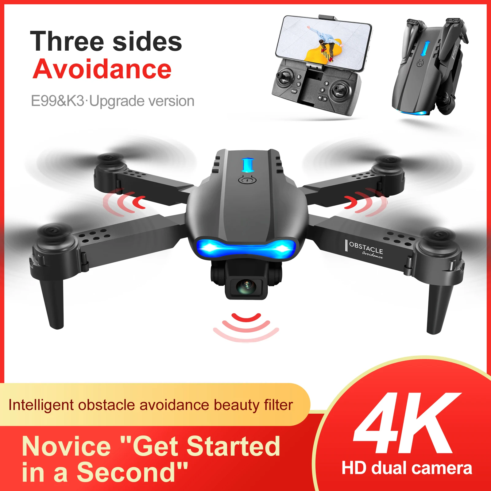 Drone E99 PRO avec Flash Professionnel, Caméra 4K pour Touristes, WIFI, Évitement d'Obstacles, Hélicoptères RC, Photographie Aérienne, Quadcopter