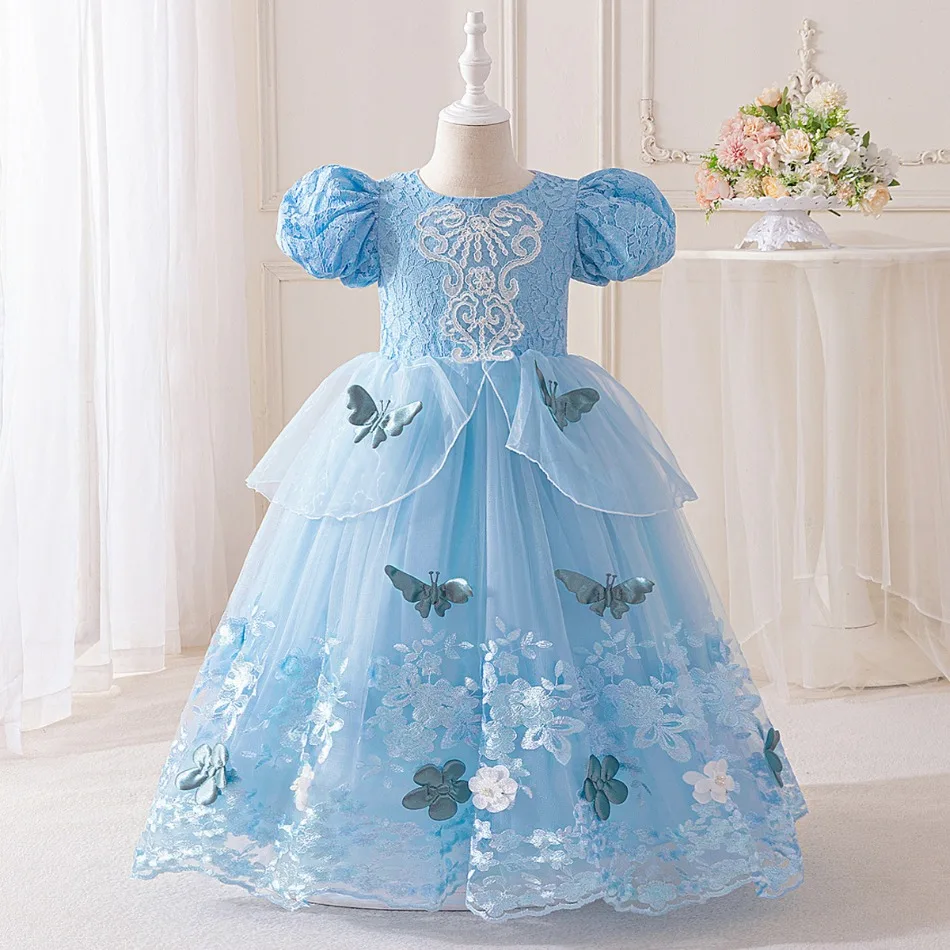 Little Girls Bubble Sleeve Princess Dress Fairy Tale World Princess Dress Butterfly Flower Embroidery Blue Cinderlla Dress ASQ03