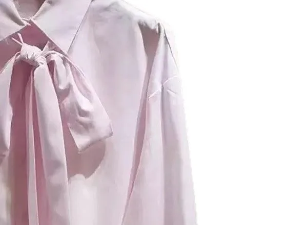 

Summer Women's Bow Tie Collar Cotton Pink Shirt Sweet Fashion Stipes Cuff Stiching Long Sleeve Blouse for Ladies