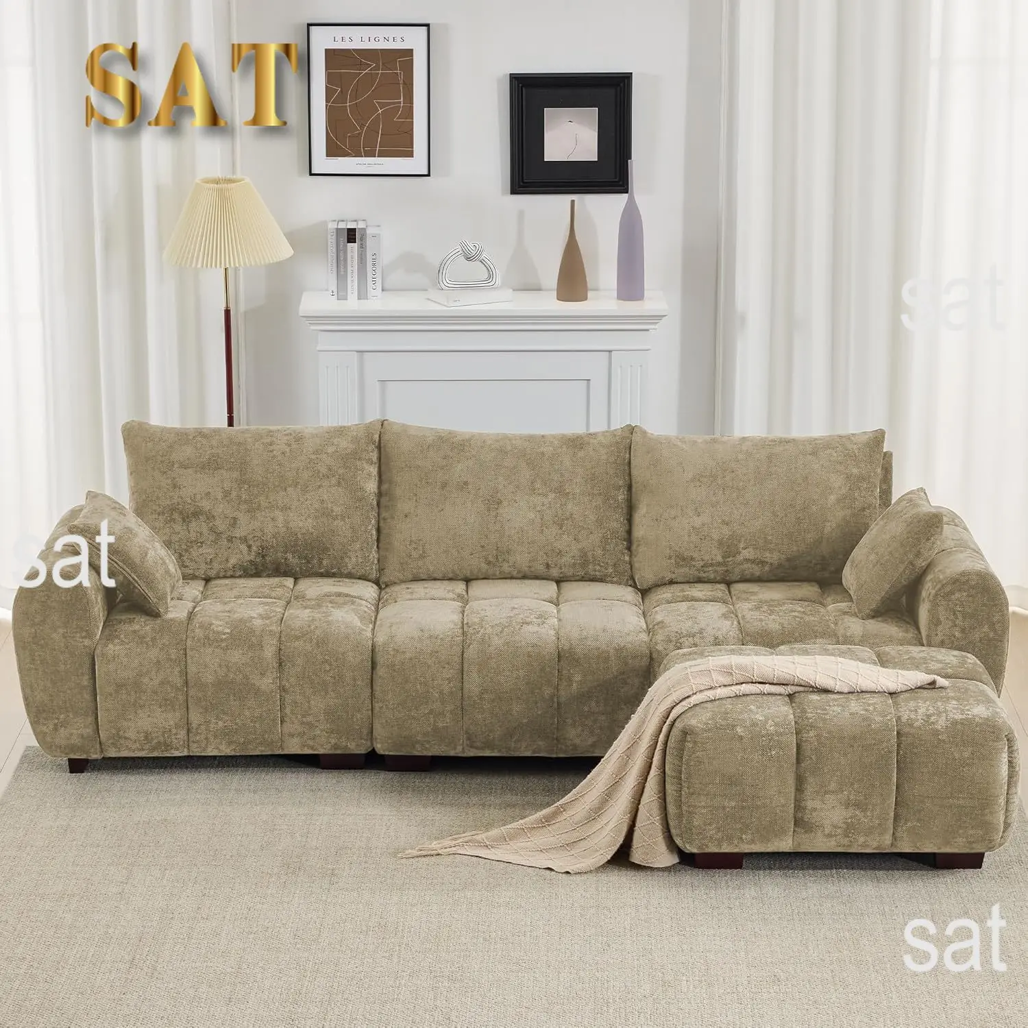 #112" Mid Century Modern L Shaped Couch, 3 Seater Modular Sectional Sofa with Movable Ottoman, Deep Seat and Solid Wood, Custom