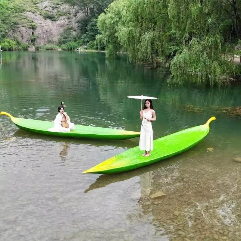 WOLANG FRP Lotus Leaf Boat 2 Seats Willow Leaf Single Layer Green Landscape Photography Prop, Suitable for Lakeside Villa