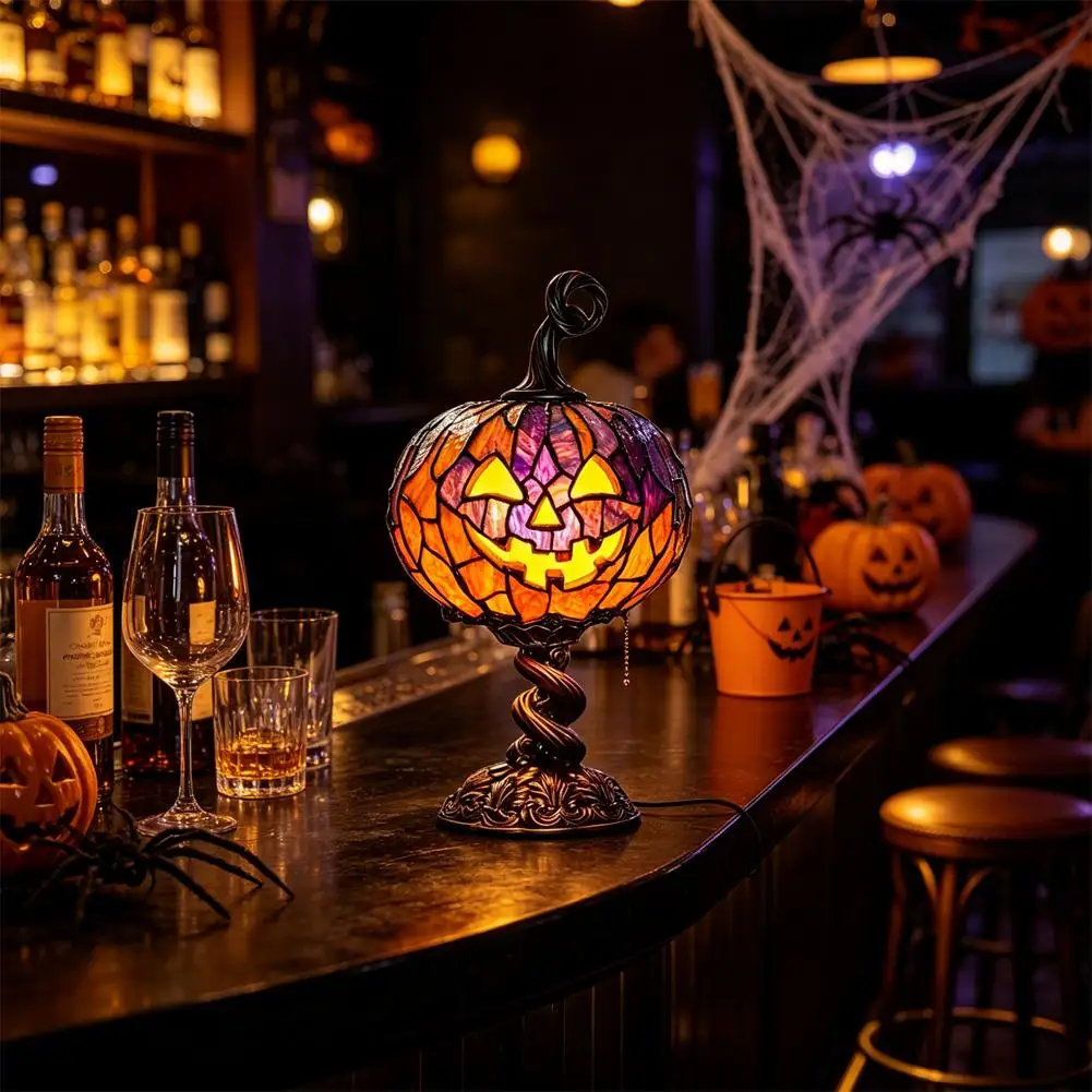 Halloween Tall Pumpkin Table Lamp with Shining Ghost Bat Resin Craftsmanship Creative Home Decor Lamp