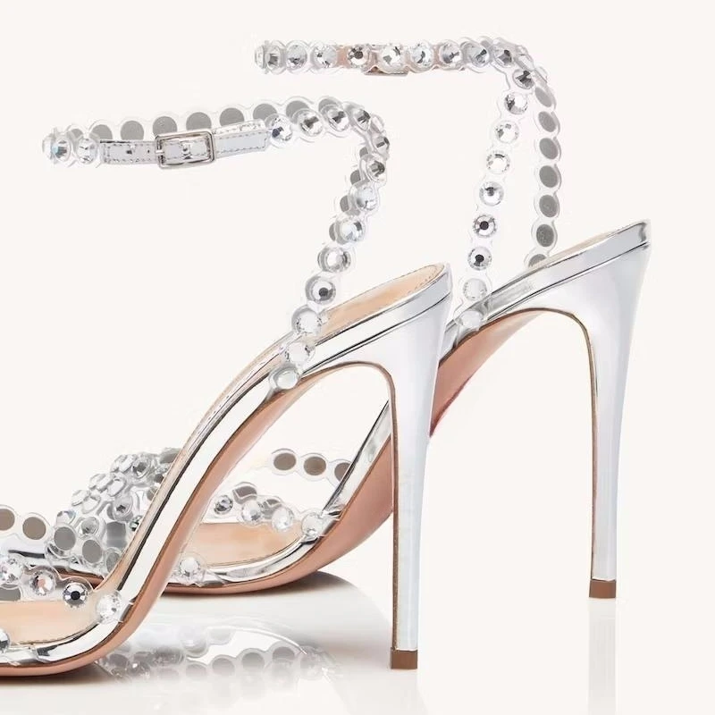 Transparent Strip Crystal High-heeled Wedding Embellished Silver Sandals Strap Party High Thin Heel Sandals Women's Shoes