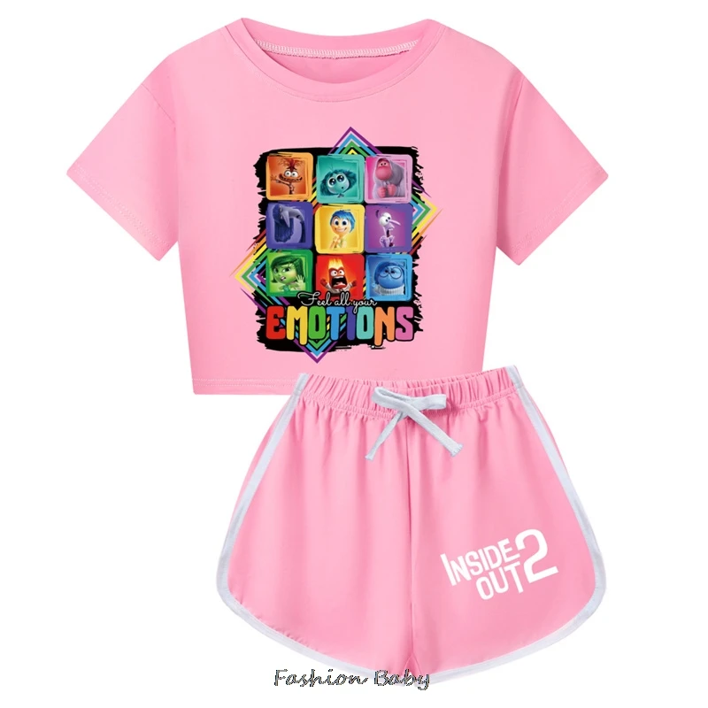 Summer inside out2 Girls Cartoon T-Shirts and Shorts Set Soft Pajamas Short Sleeve Set Summer Sport Clothes Homewear Gift