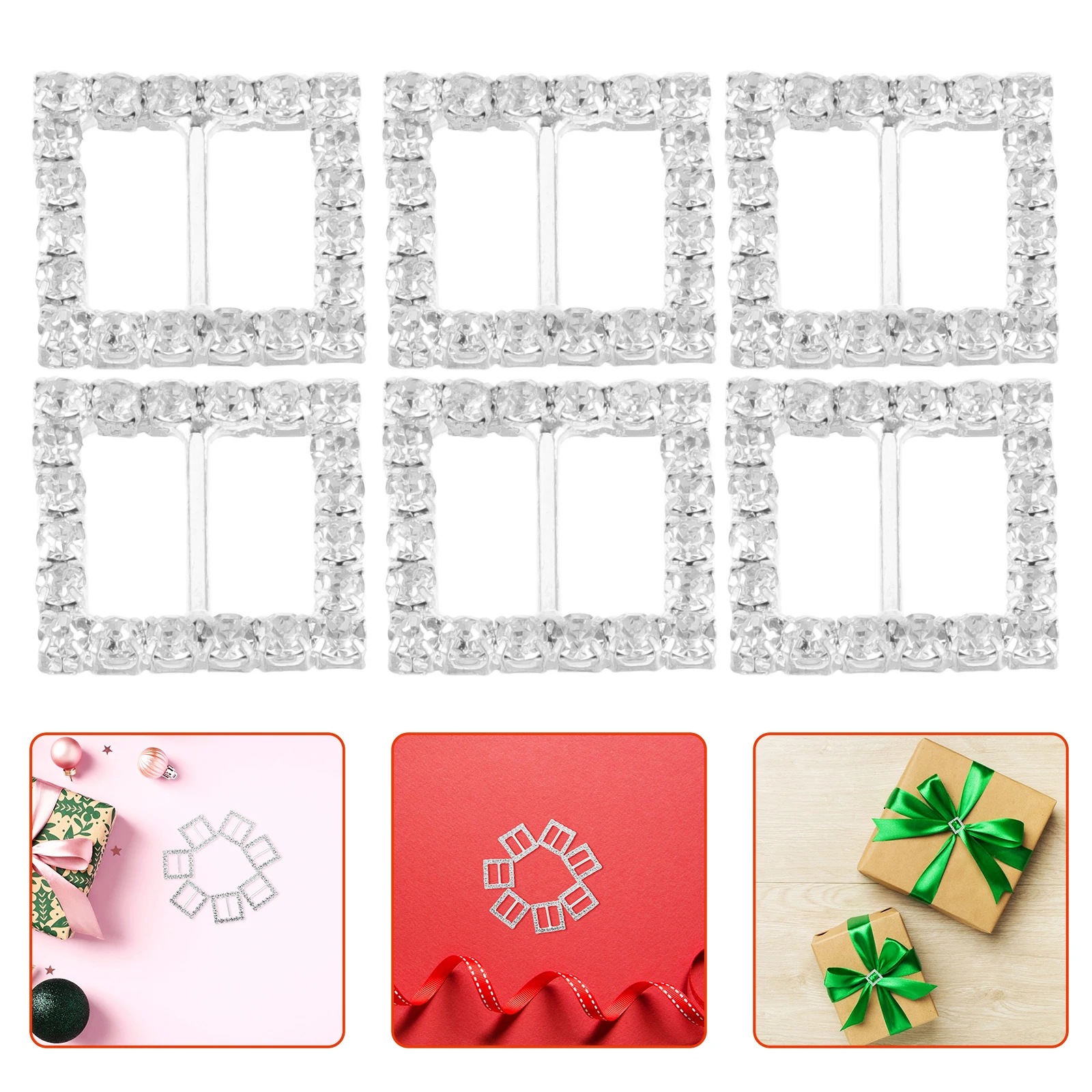 

10pcs Rhinestone Ribbon Buckle Sliders Silver Square Shaped Glittery Alloy Wedding Hair Bows Scrapbook Craft Accessory