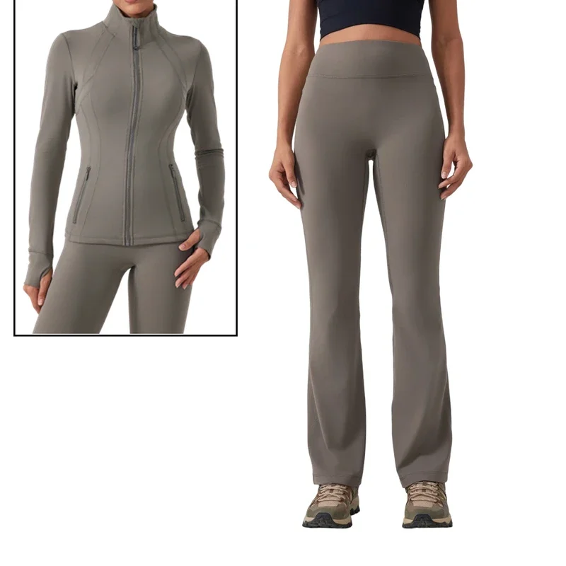 Women Define Jacket Outerwear Nylon Stretch Zipper Running Yoga Long-sleeved Top Jacket Groove High Waist Flared Pants