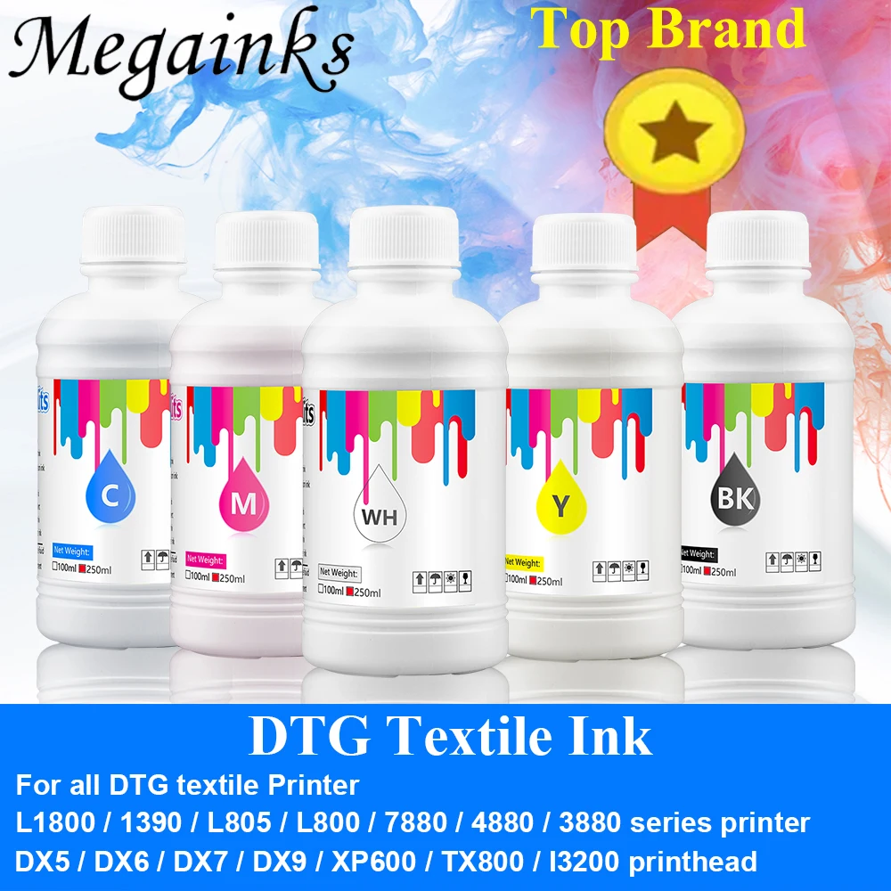 5Colors/Set 250ml DTG Textile Ink for Epson L1800 L800 R330 1390 1400 1410 R1900 DX4 DX5 DX6 DX7 Printhead & DTG Printer