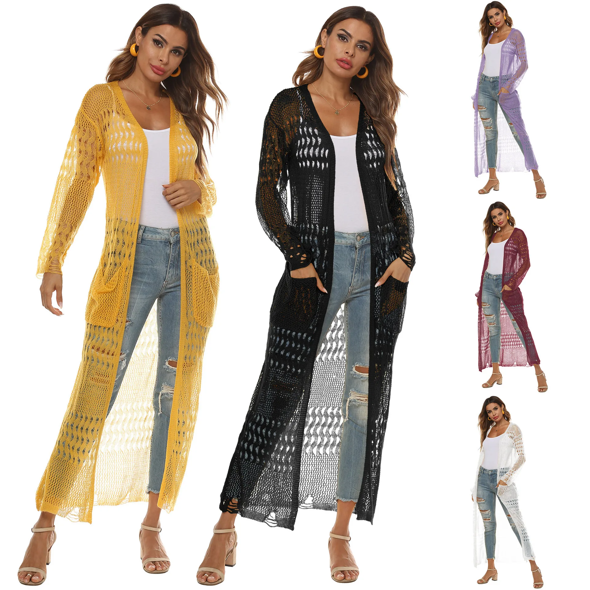 

European and American women's knitted sweaters with large pockets long cardigan casual coat