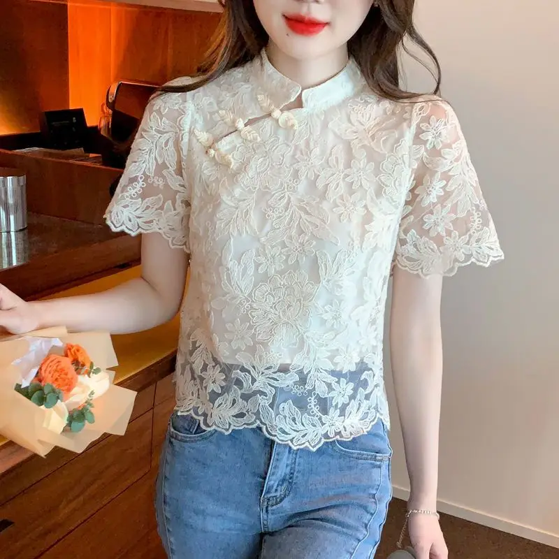 

Woman Vintage Lace Jacquard T-Shirt 2026 New Female Summer Short Sleeve Solid Color Top Ladies Sweet Casual Chiffon Shirts