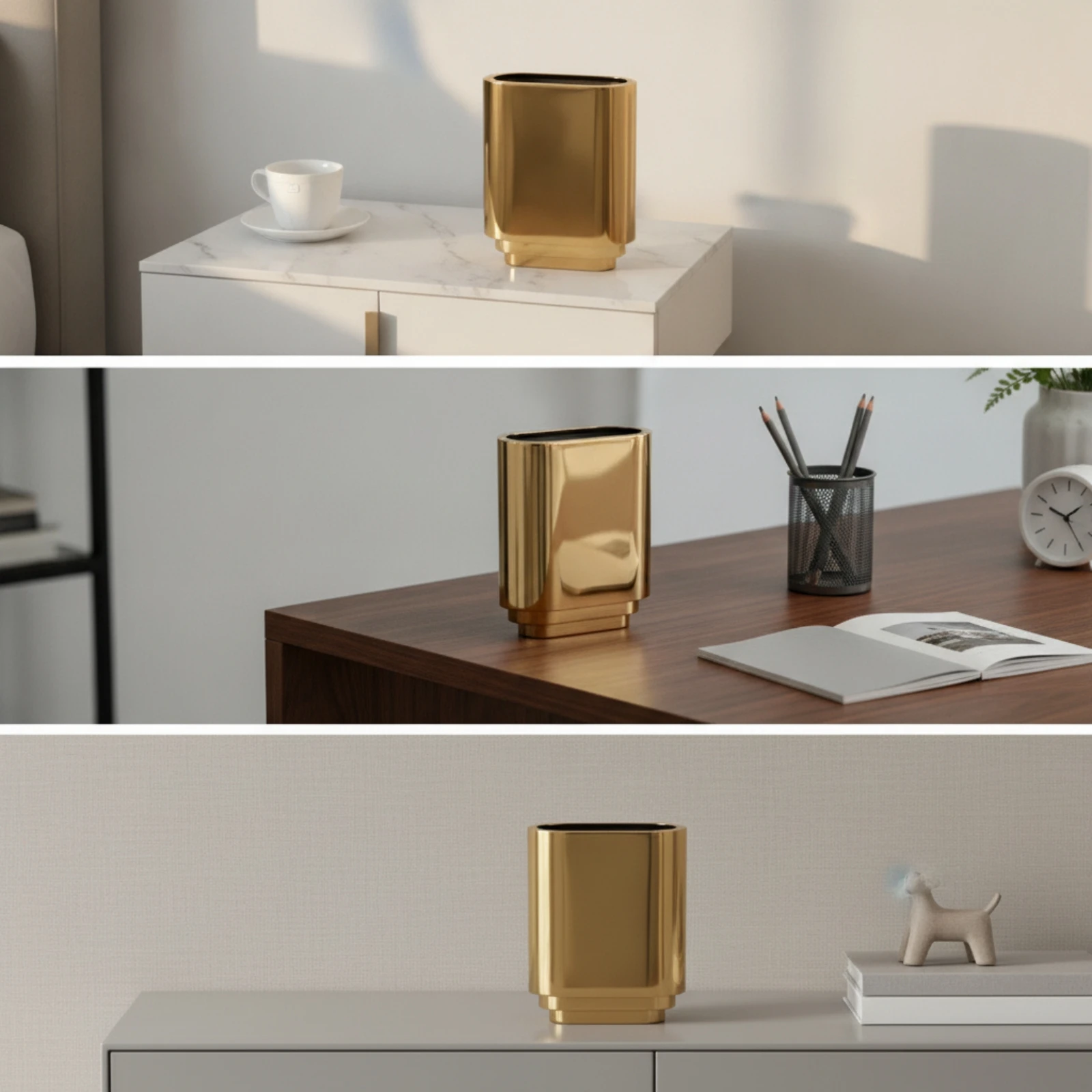 Modern Minimalist Tabletop Vase Stable Bottom Gold-Tone Metal Vase with Rectangular Base Sleek Unique for Dining Table