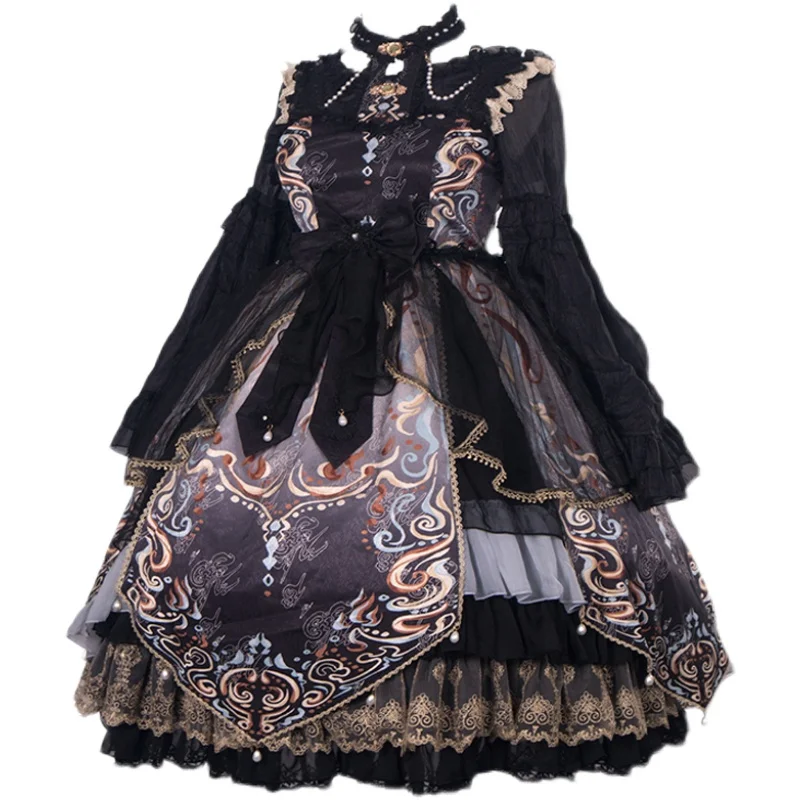 Stile cinese Jsk Lolita Sweet Girl Cosplay splendida stampa Cloud Pearl Lace Ruffled Mesh Bow Flower Ribbon Halter Dress