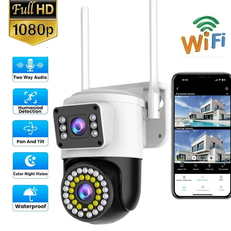 

Dual Lens Outdoor Wifi Camera 360 PTZ Night Vision Motion Detection 2-way Audio Webcam 4k Waterproof IP Camera Smart Home Cam