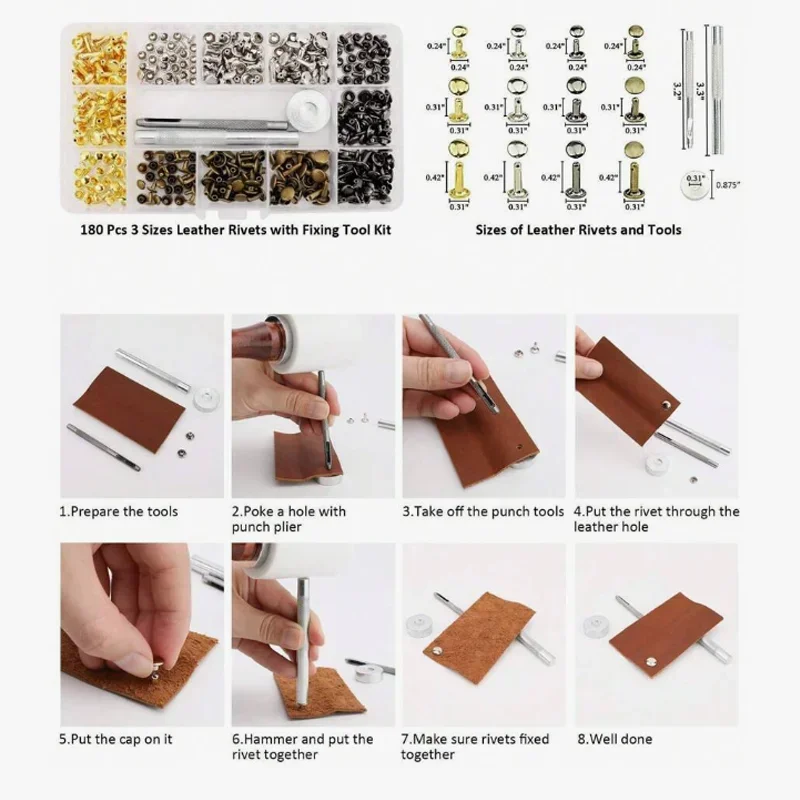 180Pcs Metal Snap Fasteners Buttons Leather Rivets Hole Punch Pliers Double Cap Rivet Stud Round Nail Spike  For Clothing/Bags - view 6