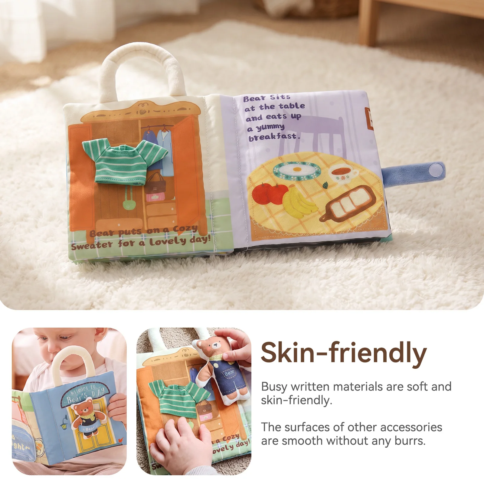Soft Baby Book & Busy Book 6-12 Months - Washable Teether Sensory Cloth Activity Book with Life Skills & Carry Handle Gift