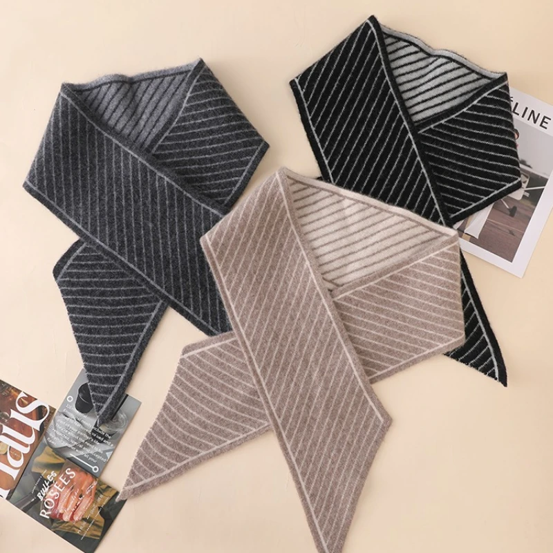 100Wool Double Sided Diagonal Stripe Triangular Scarf Soft Neck Kerchief Women Fall‑WinterVersatile Coat‑Styling Daily‑Wear Cowl