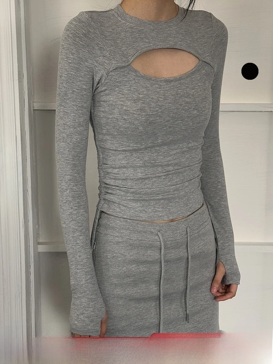 

Sexy Slim Fit Long Sve T-irt Women's Base Layer irt Hollow out Design Spor Boting Top Pure Color Vintage Tang