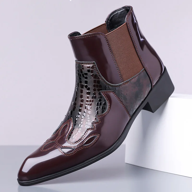 Personalized Python Pattern Pointed Toe Patent Leather British Style Shoes Men Casual Versatile Ankle Boots Men's Chelsea Boots