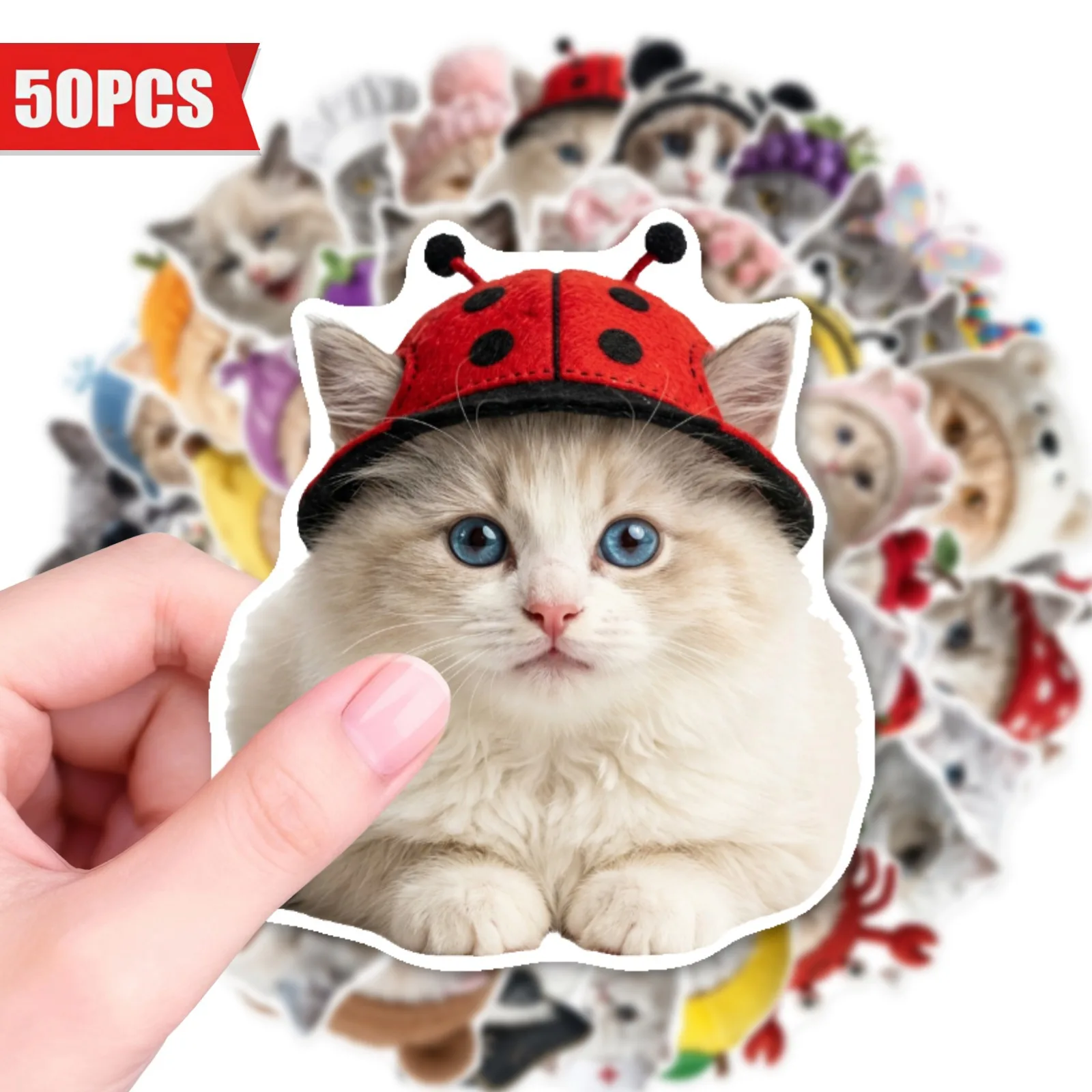 10/30/50Pcs Kawaii Hat Wearing Cat Waterproof Stickers Funny Kitten Meme Decals Laptop Water Bottle Cup Luggage Guka DIY Decor