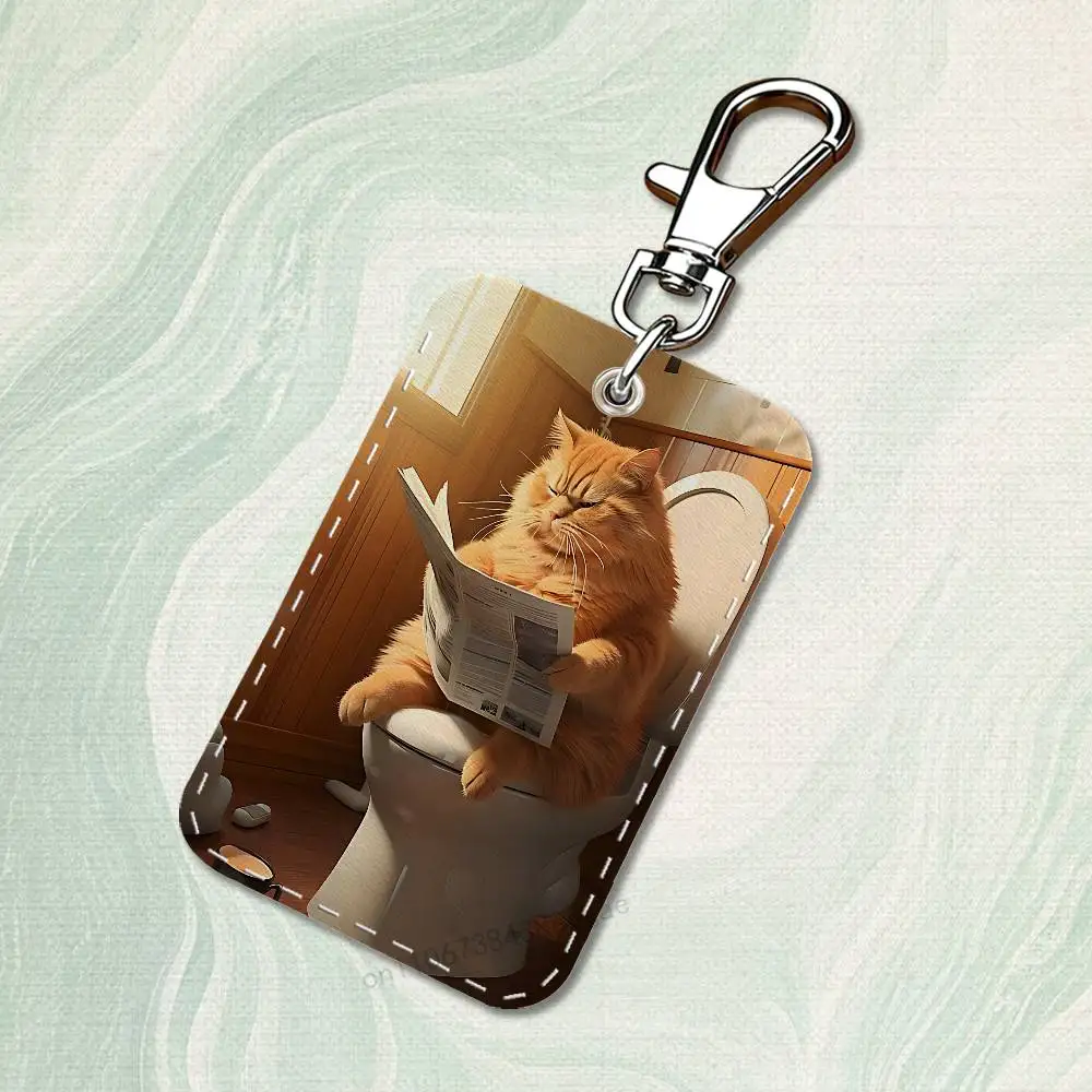 재미있는 예술 뚱뚱한 고양이 화장실 직사각형 카드 케이스 키체인 액세스 카드 가방 키 태그 링 가죽 카드 홀더 키 링 액세스