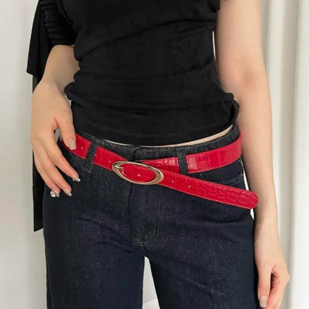 Simple Designer Women's Belt PU Leather Luxury Lychee Pattern Waist Belt Casual Red Black Dress Jeans Belt Spicy Girls