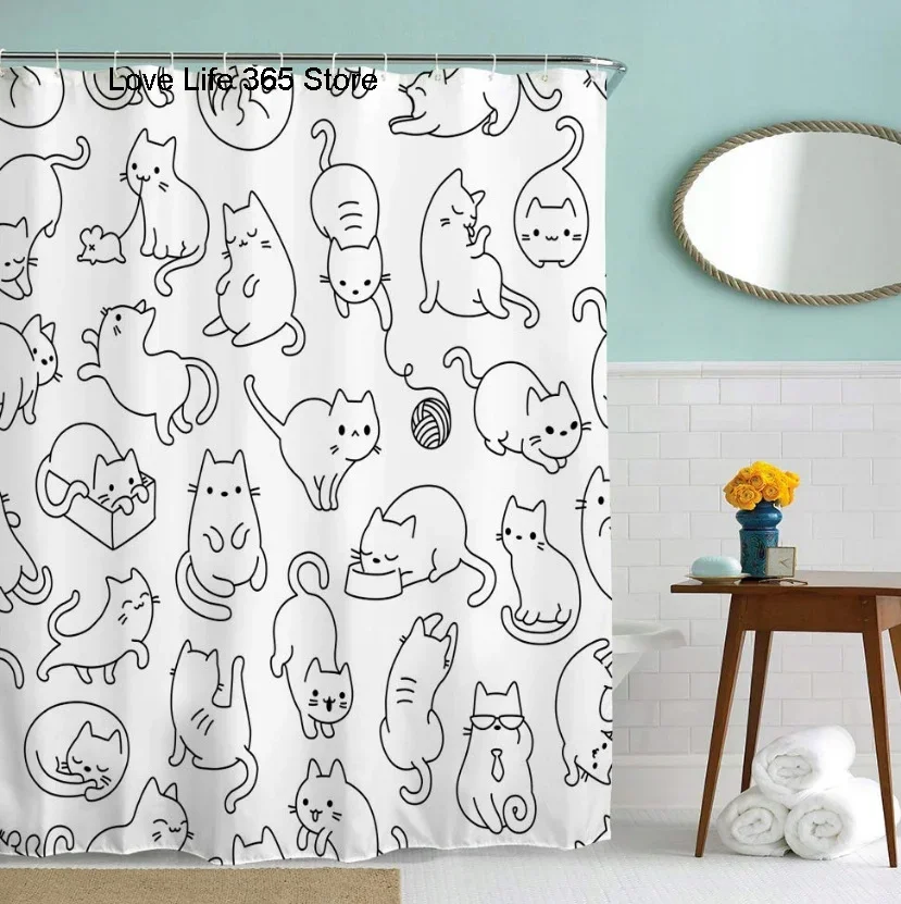 Cute Cartoon Line Drawing Cat Print Shower Curtain Waterproof Mildew Resistant Fabric With Plastic Hooks Easy Install For Bathro