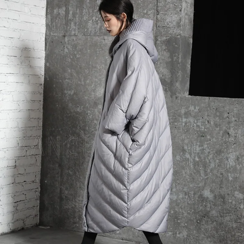 Women's Autumn/Winter Down Jacket Batwing White Duck Down Hooded Long Length Plus New Thick Warm Comfortable Loose Casual Design