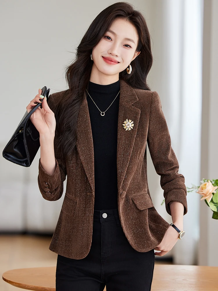Slim Fit Corduroy Suit Jacket Women's Coffee Color Waist Cinched Shiny Thread Ladies' Spring Autumn New Style Fashionable