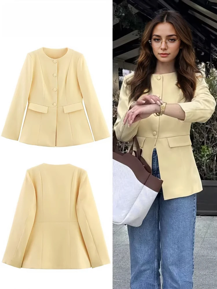 สีเหลือง Blazer Coat ผู้หญิงแฟชั่น Elegant กระเป๋าเดี่ยว O-คอเสื้อสูทสํานักงาน 2025 ใหม่ฤดูใบไม้ร่วงลําลอง Outwear