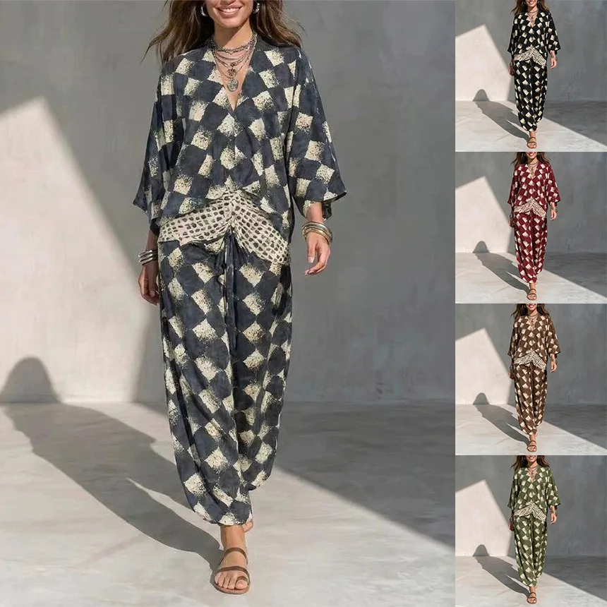 Ladies' new printed imitation hemp dress INS bat sleeve dress loose